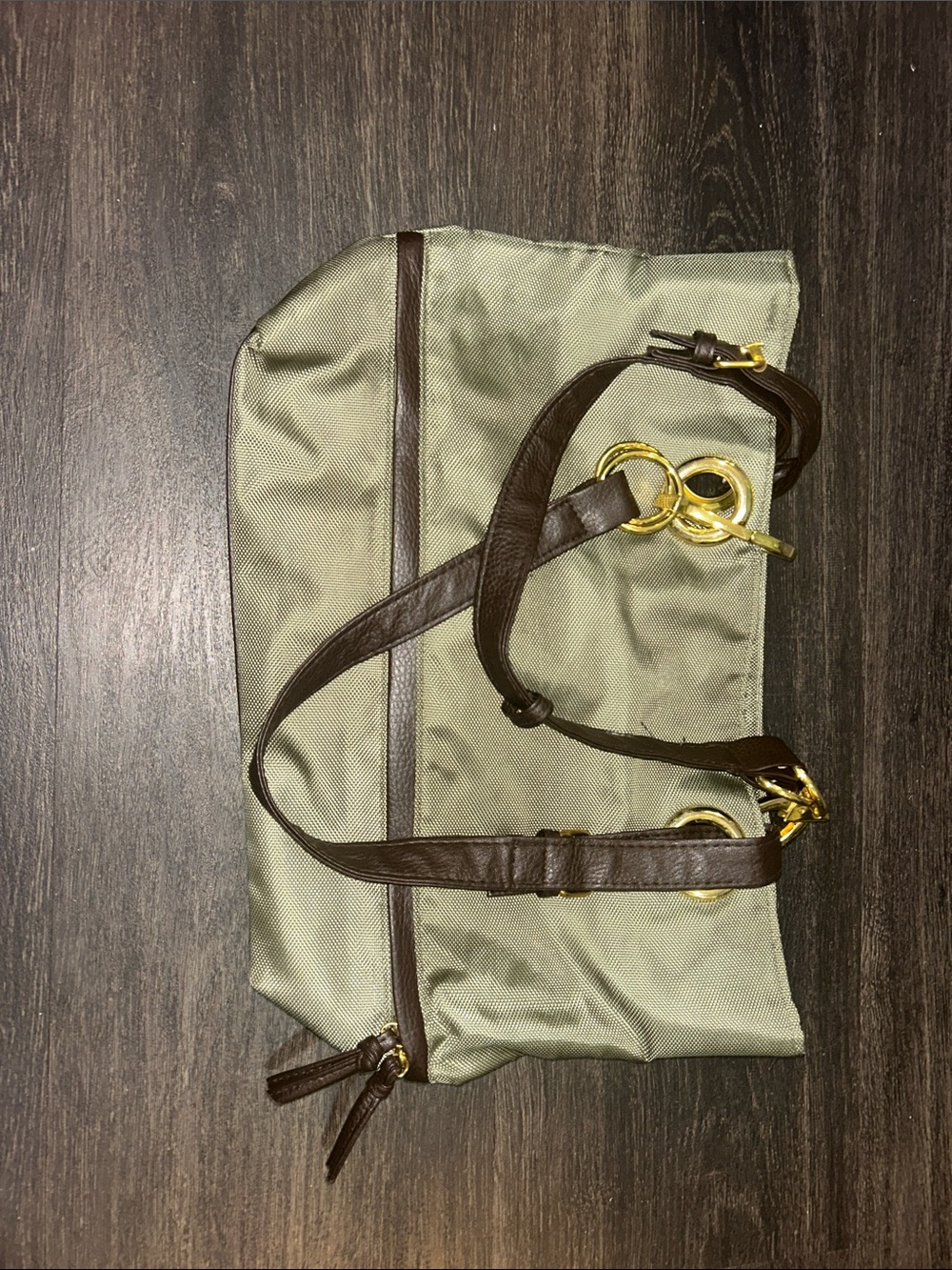Olive Green Shoulder Tote with Brown Leather Trim